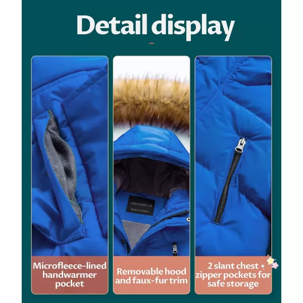 CREATMO US Boys Winter Parka Water Resistant Hooded Puffer Fleece Lined Jackets CoatsBlue