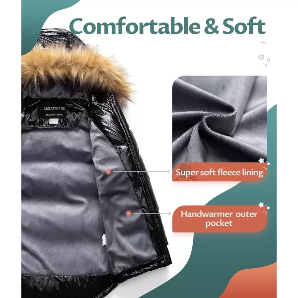 CREATMO US Boys Winter Parka Water Resistant Hooded Puffer Fleece Lined Jackets CoatsShine Black