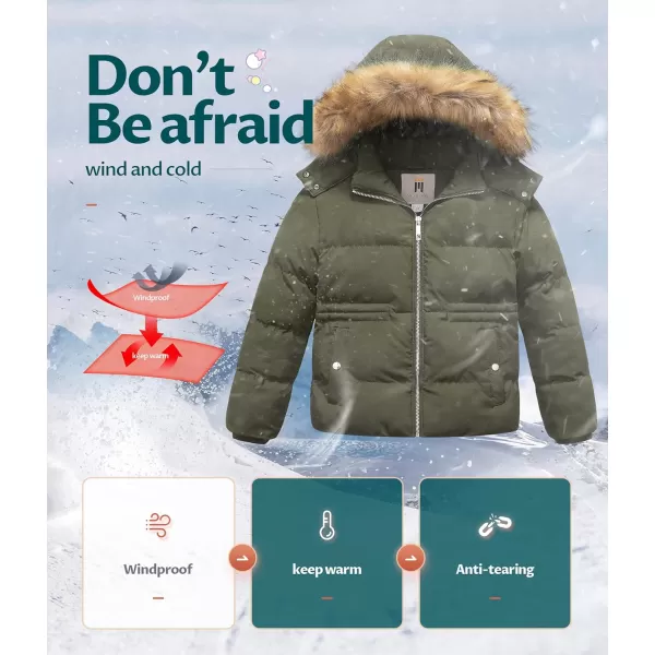 CREATMO US Girls Kids Metallic Shiny Jacket with Detachable Fur Collar Warmth Winter OuterwearArmy Green