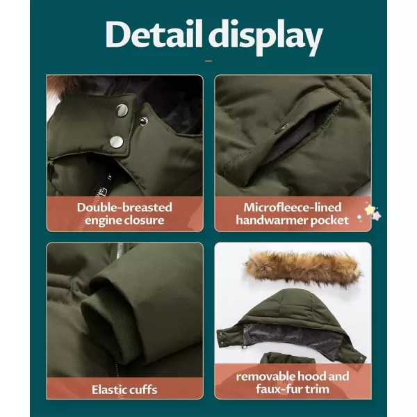 CREATMO US Girls Kids Metallic Shiny Jacket with Detachable Fur Collar Warmth Winter OuterwearArmy Green