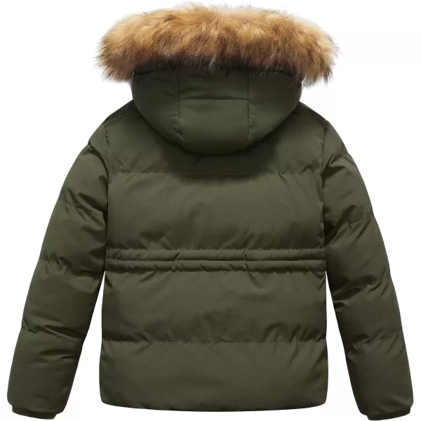 CREATMO US Girls Kids Metallic Shiny Jacket with Detachable Fur Collar Warmth Winter OuterwearArmy Green
