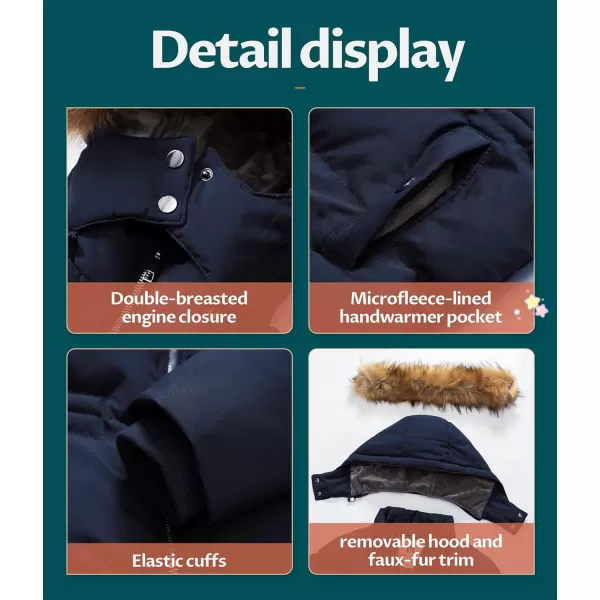 CREATMO US Girls Kids Metallic Shiny Jacket with Detachable Fur Collar Warmth Winter OuterwearNavy