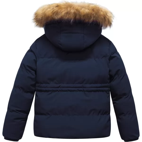 CREATMO US Girls Kids Metallic Shiny Jacket with Detachable Fur Collar Warmth Winter OuterwearNavy