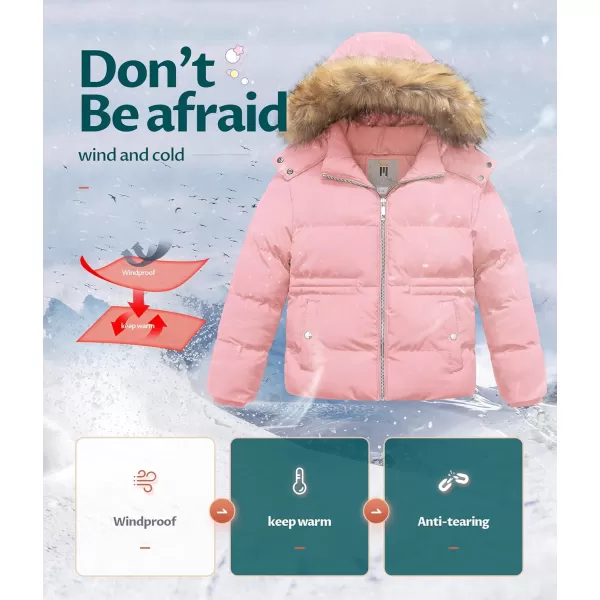 CREATMO US Girls Kids Metallic Shiny Jacket with Detachable Fur Collar Warmth Winter OuterwearPink