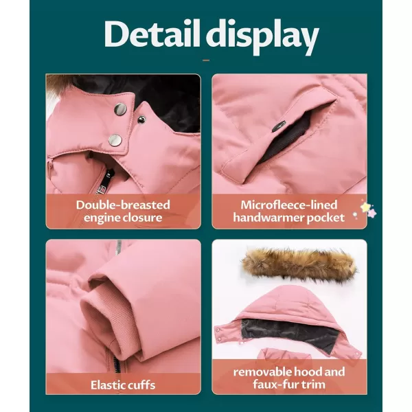 CREATMO US Girls Kids Metallic Shiny Jacket with Detachable Fur Collar Warmth Winter OuterwearPink