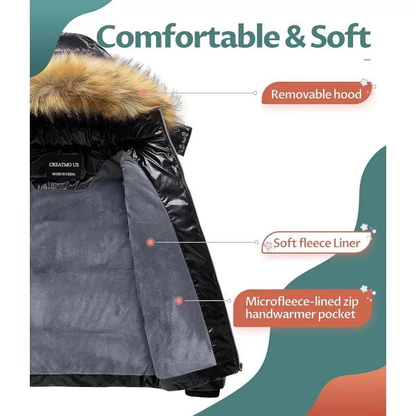 CREATMO US Girls Kids Metallic Shiny Jacket with Detachable Fur Collar Warmth Winter OuterwearShine Black