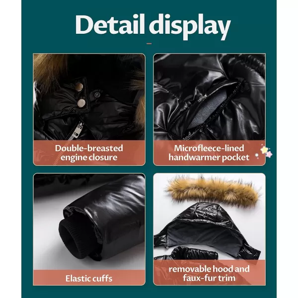 CREATMO US Girls Kids Metallic Shiny Jacket with Detachable Fur Collar Warmth Winter OuterwearShine Black