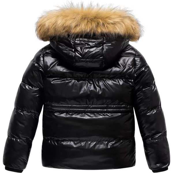 CREATMO US Girls Kids Metallic Shiny Jacket with Detachable Fur Collar Warmth Winter OuterwearShine Black