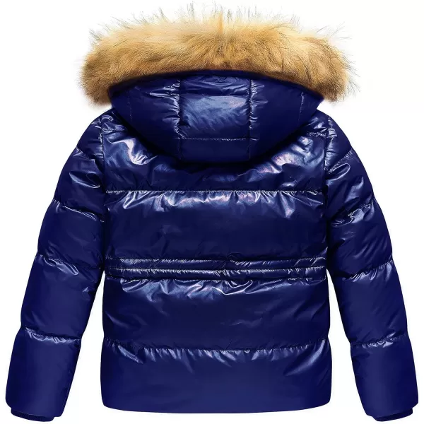 CREATMO US Girls Kids Metallic Shiny Jacket with Detachable Fur Collar Warmth Winter OuterwearShine Navy