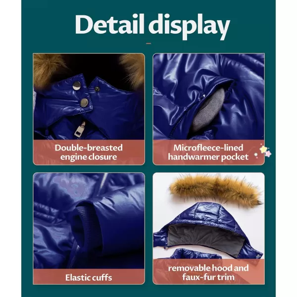 CREATMO US Girls Kids Metallic Shiny Jacket with Detachable Fur Collar Warmth Winter OuterwearShine Navy