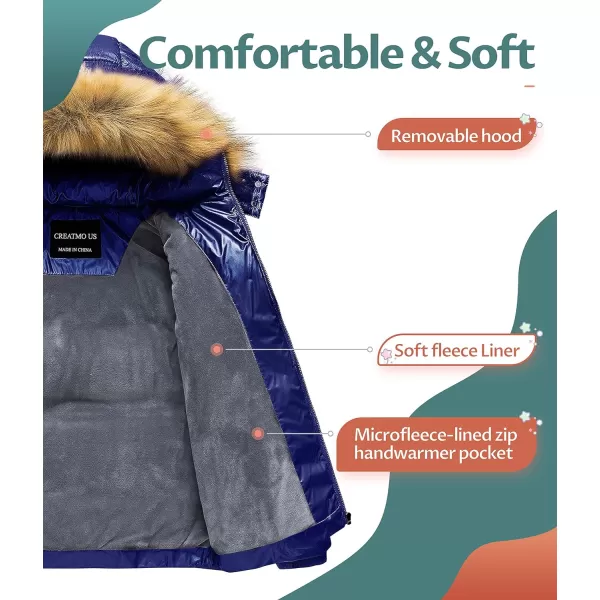 CREATMO US Girls Kids Metallic Shiny Jacket with Detachable Fur Collar Warmth Winter OuterwearShine Navy