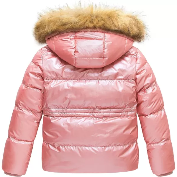 CREATMO US Girls Kids Metallic Shiny Jacket with Detachable Fur Collar Warmth Winter OuterwearShine Pink
