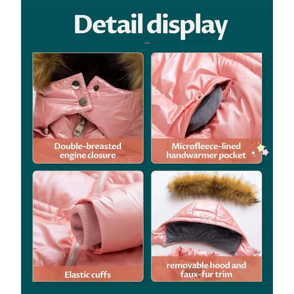 CREATMO US Girls Kids Metallic Shiny Jacket with Detachable Fur Collar Warmth Winter OuterwearShine Pink