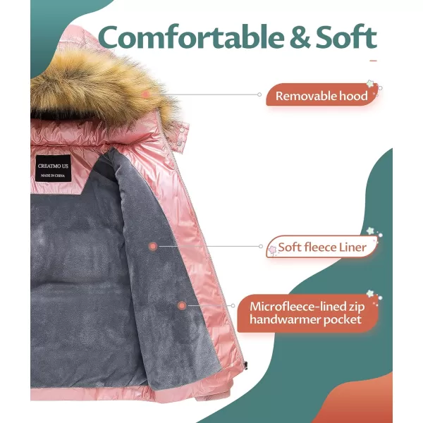 CREATMO US Girls Kids Metallic Shiny Jacket with Detachable Fur Collar Warmth Winter OuterwearShine Pink