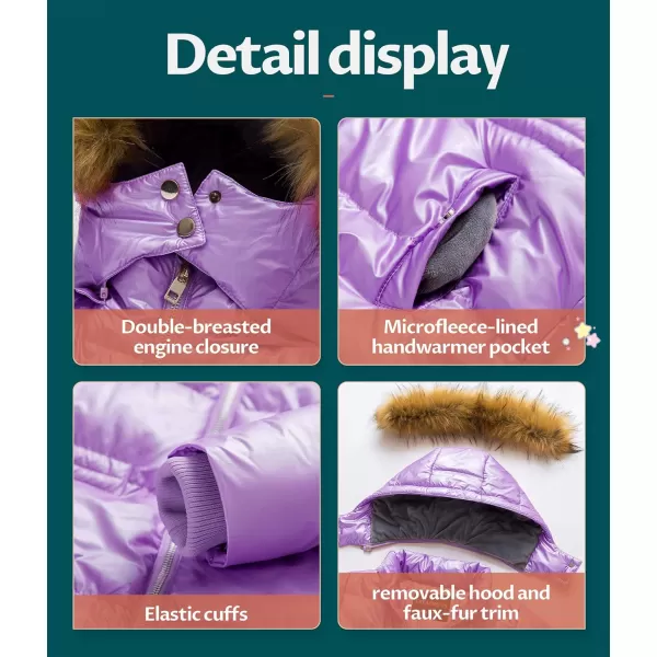 CREATMO US Girls Kids Metallic Shiny Jacket with Detachable Fur Collar Warmth Winter OuterwearShine Purple