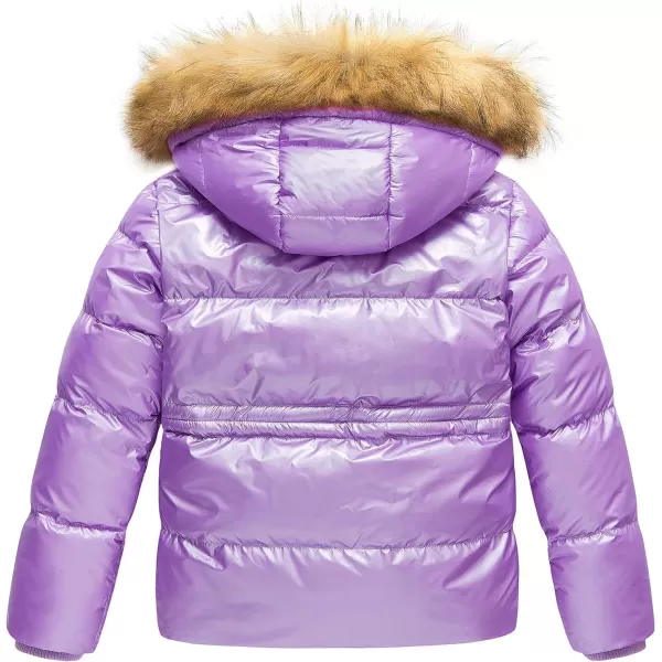 CREATMO US Girls Kids Metallic Shiny Jacket with Detachable Fur Collar Warmth Winter OuterwearShine Purple