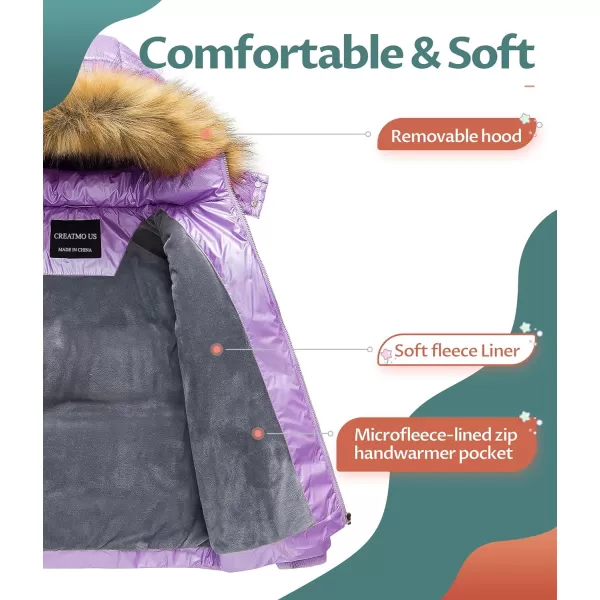 CREATMO US Girls Kids Metallic Shiny Jacket with Detachable Fur Collar Warmth Winter OuterwearShine Purple