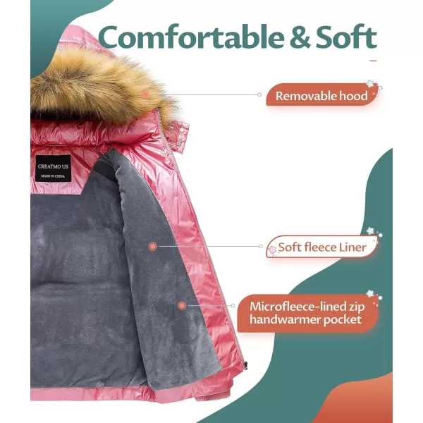 CREATMO US Girls Kids Metallic Shiny Jacket with Detachable Fur Collar Warmth Winter OuterwearShine Rose Red