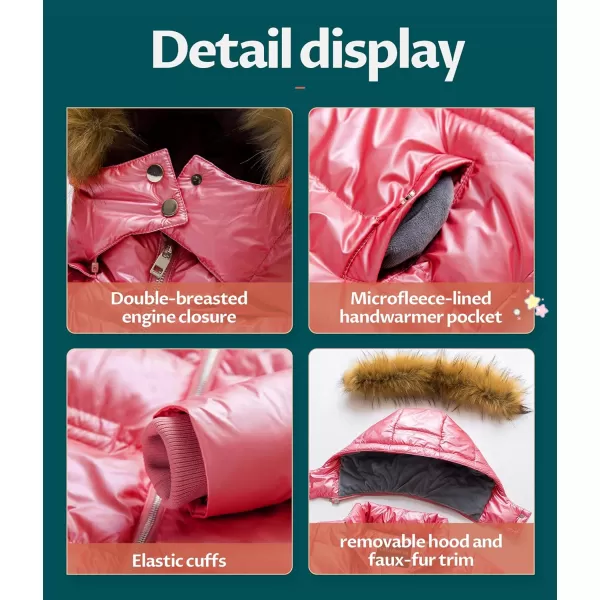 CREATMO US Girls Kids Metallic Shiny Jacket with Detachable Fur Collar Warmth Winter OuterwearShine Rose Red
