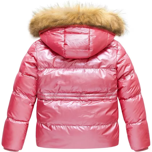 CREATMO US Girls Kids Metallic Shiny Jacket with Detachable Fur Collar Warmth Winter OuterwearShine Rose Red
