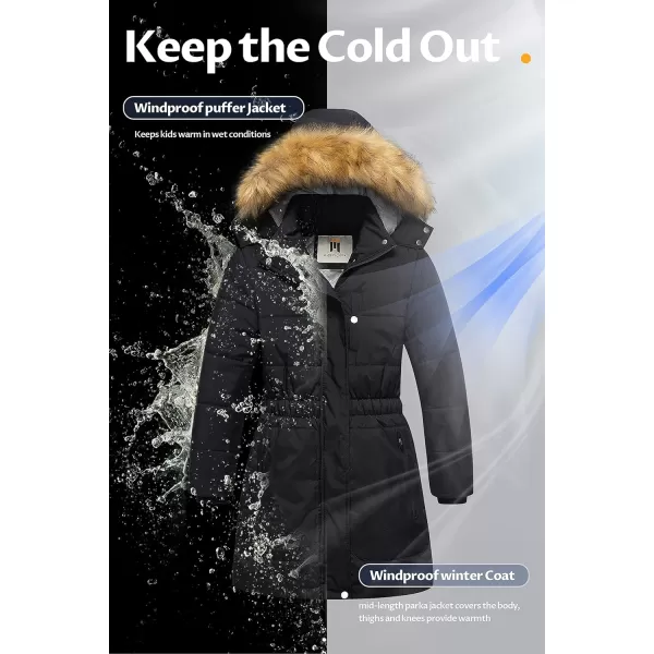 CREATMO US Girls Long Length Winter Coat Parka Water Resistant Puffer Jacket With Fleece LiningBlack