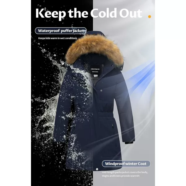 CREATMO US Girls Long Length Winter Coat Parka Water Resistant Puffer Jacket With Fleece LiningNavy