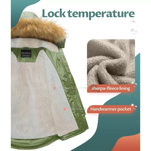 CREATMO US Girls Long Winter Warm Parka Sherpa TrimmednbspCollar Puffer Ski Jacket CoatGreen