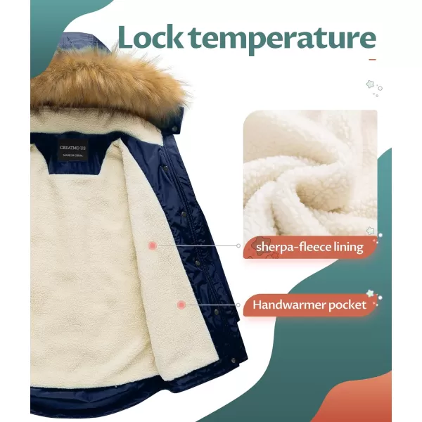 CREATMO US Girls Long Winter Warm Parka Sherpa TrimmednbspCollar Puffer Ski Jacket CoatNavy