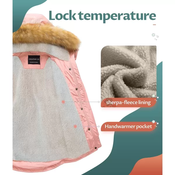 CREATMO US Girls Long Winter Warm Parka Sherpa TrimmednbspCollar Puffer Ski Jacket CoatPink