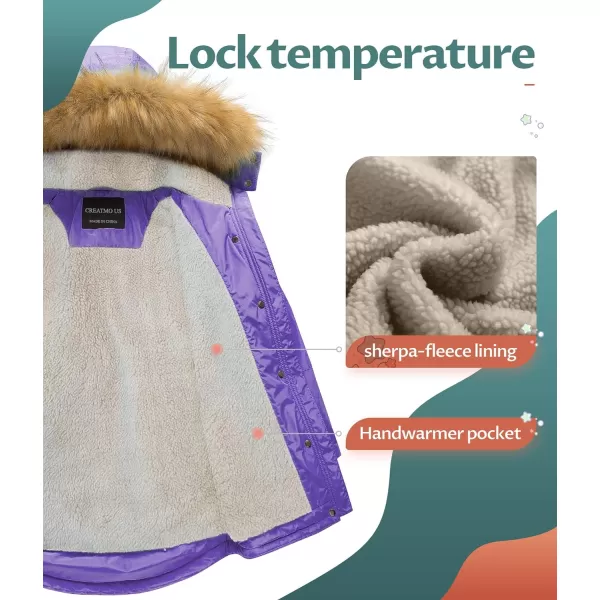 CREATMO US Girls Long Winter Warm Parka Sherpa TrimmednbspCollar Puffer Ski Jacket CoatPurple