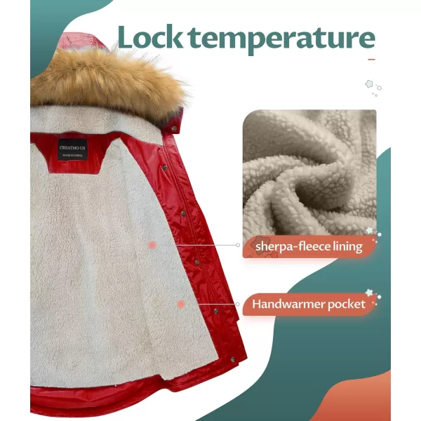 CREATMO US Girls Long Winter Warm Parka Sherpa TrimmednbspCollar Puffer Ski Jacket CoatRed