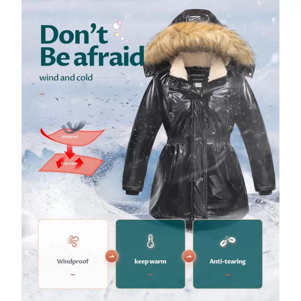 CREATMO US Girls Long Winter Warm Parka Sherpa TrimmednbspCollar Puffer Ski Jacket CoatShine Black
