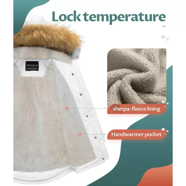 CREATMO US Girls Long Winter Warm Parka Sherpa TrimmednbspCollar Puffer Ski Jacket CoatWhite