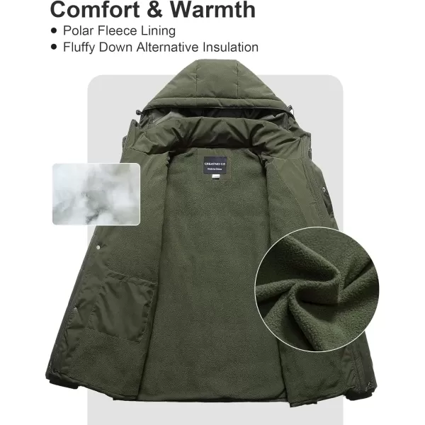 CREATMO US Mens Big and Tall Winter Puffer Jacket Waterproof Bubble Coat Puffy Ski Parka With HoodArmy Green