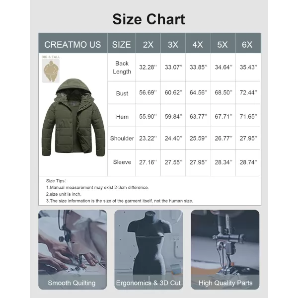 CREATMO US Mens Big and Tall Winter Puffer Jacket Waterproof Bubble Coat Puffy Ski Parka With HoodArmy Green
