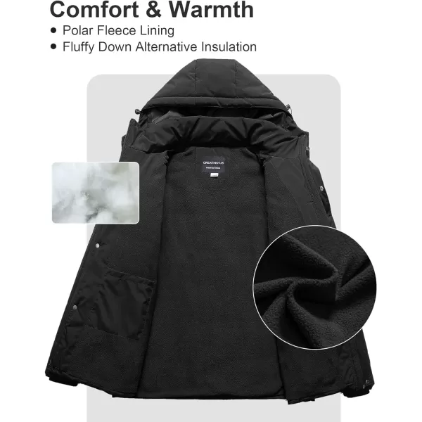 CREATMO US Mens Big and Tall Winter Puffer Jacket Waterproof Bubble Coat Puffy Ski Parka With HoodBlack