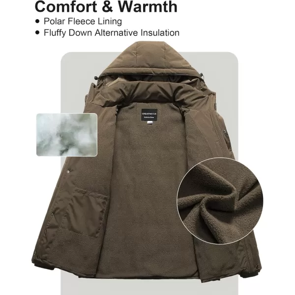 CREATMO US Mens Big and Tall Winter Puffer Jacket Waterproof Bubble Coat Puffy Ski Parka With HoodBrown