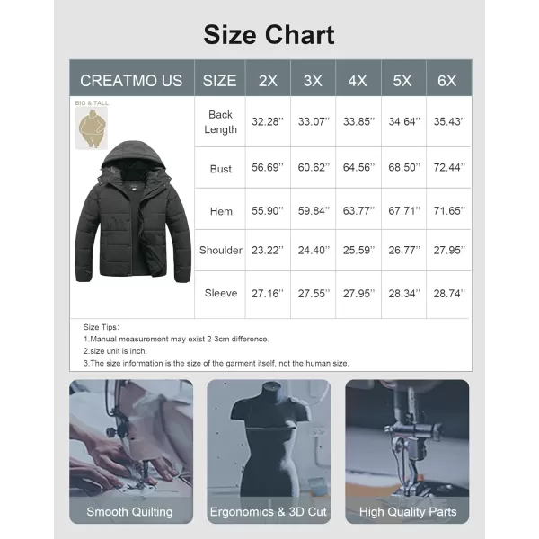 CREATMO US Mens Big and Tall Winter Puffer Jacket Waterproof Bubble Coat Puffy Ski Parka With HoodGrey