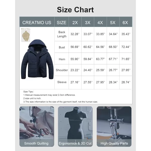 CREATMO US Mens Big and Tall Winter Puffer Jacket Waterproof Bubble Coat Puffy Ski Parka With HoodNavy Blue