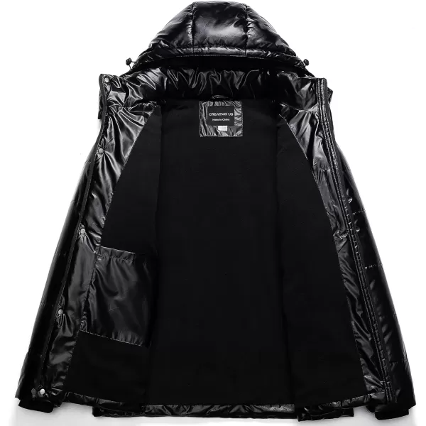 CREATMO US Mens Big and Tall Winter Puffer Jacket Waterproof Bubble Coat Puffy Ski Parka With HoodShiny Black