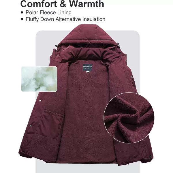 CREATMO US Mens Big and Tall Winter Puffer Jacket Waterproof Bubble Coat Puffy Ski Parka With HoodWine Red