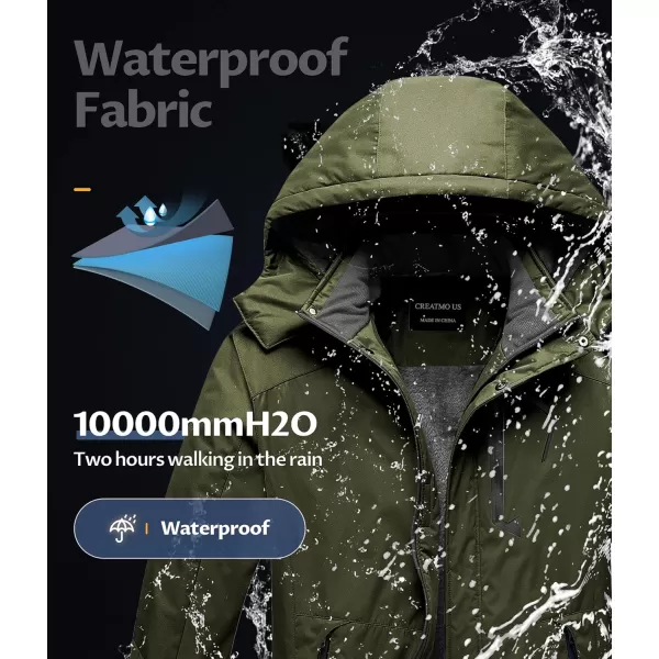CREATMO US Mens Mountain Waterproof Ski Jacket Snowboard Jacket Windproof Snowboarding Jacket Warm Winter Coat RaincoatArmy Green