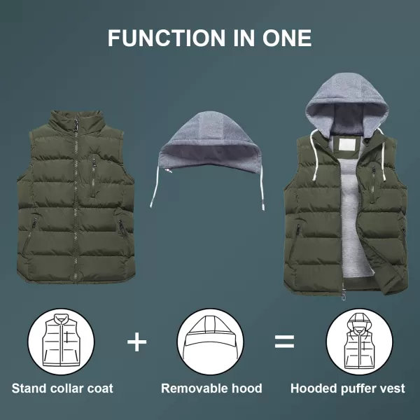 CREATMO US Mens Outdoor Winter Vest Outerwear Removable Hooded Padded Puffer Sleeveless VestArmy Green