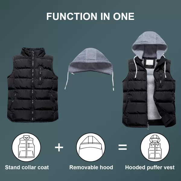 CREATMO US Mens Outdoor Winter Vest Outerwear Removable Hooded Padded Puffer Sleeveless VestBlack