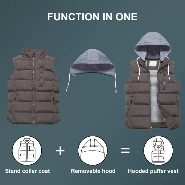 CREATMO US Mens Outdoor Winter Vest Outerwear Removable Hooded Padded Puffer Sleeveless VestBrown