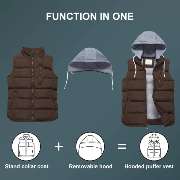 CREATMO US Mens Outdoor Winter Vest Outerwear Removable Hooded Padded Puffer Sleeveless VestCoffee