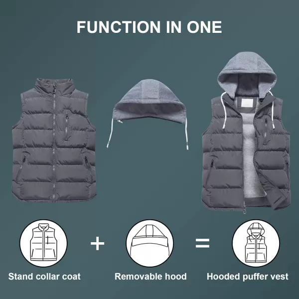 CREATMO US Mens Outdoor Winter Vest Outerwear Removable Hooded Padded Puffer Sleeveless VestGrey