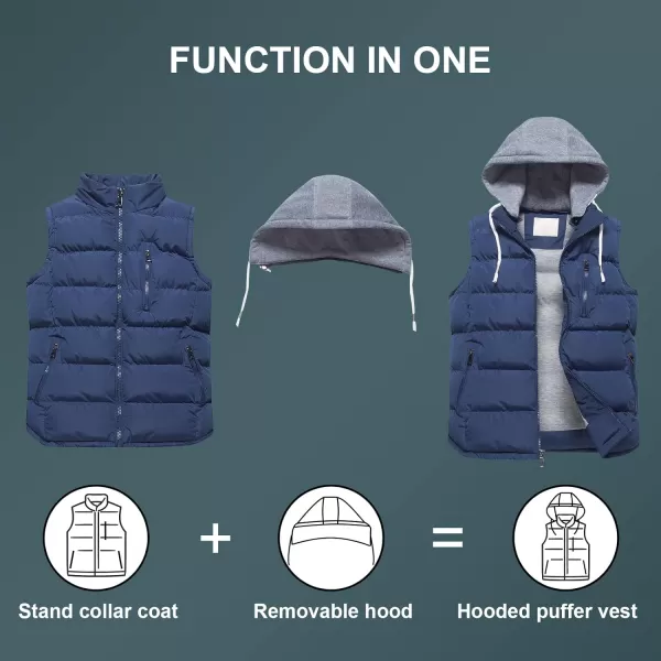 CREATMO US Mens Outdoor Winter Vest Outerwear Removable Hooded Padded Puffer Sleeveless VestNavy