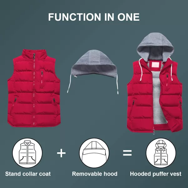 CREATMO US Mens Outdoor Winter Vest Outerwear Removable Hooded Padded Puffer Sleeveless VestRed