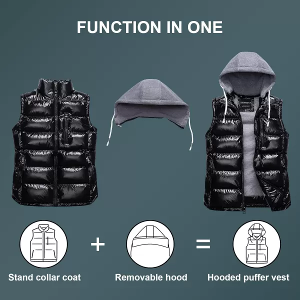 CREATMO US Mens Outdoor Winter Vest Outerwear Removable Hooded Padded Puffer Sleeveless VestShine Black